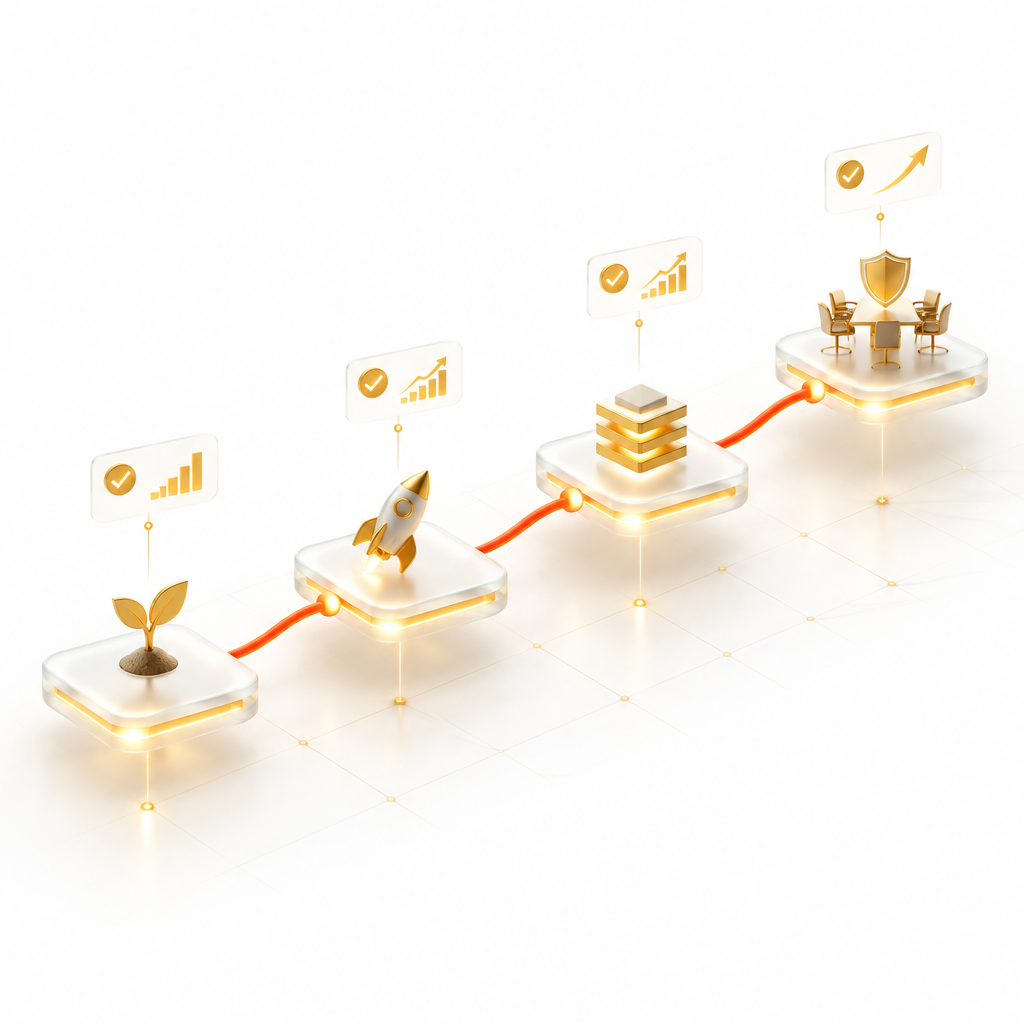 A rising path of growth stages from first product to launch, scale and boardroom, each marked with a positive outcome